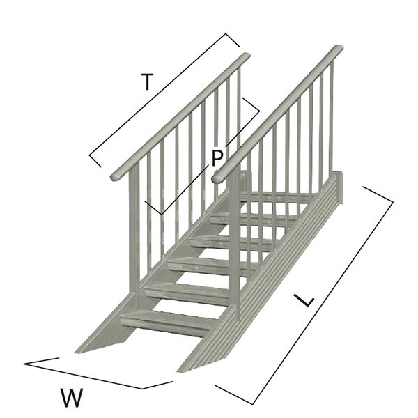 森田アルミ工業 STAIRS ステアーズ 両手摺付（立格子）階段長さ L2400mm 階段幅 W1100mm 手摺笠木長さT 2200mm  パネル長さP 1570mm ステップ枚数 7枚 角度調節範囲 43.5°～64.5° 踏板の耐荷重 150kg S□2411T2