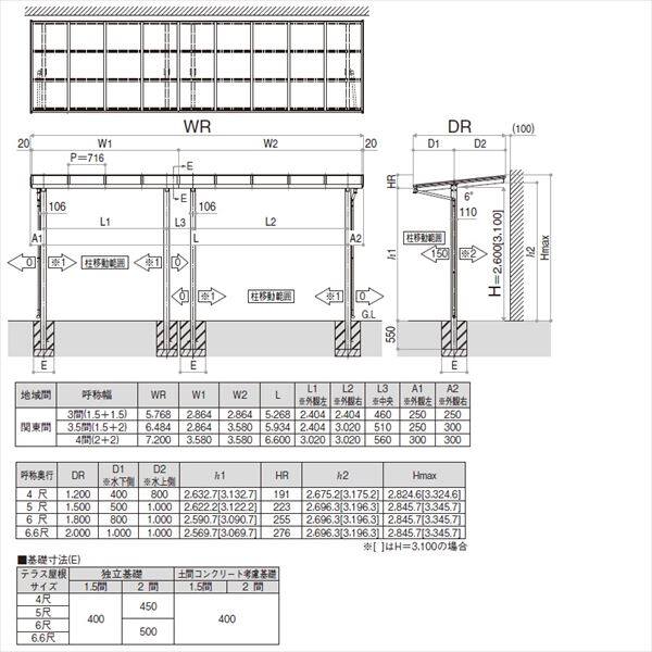 YKK 独立テラス屋根（600N／m2） レセパ 3.5間×5尺 標準柱（H2600） T