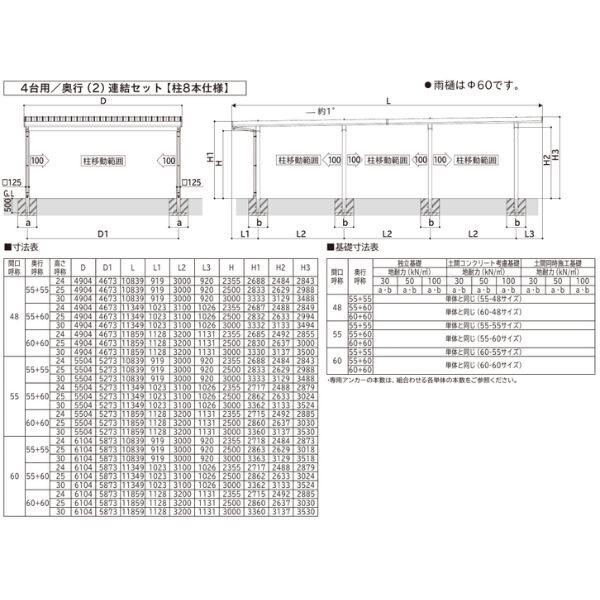 全国配送 YKK YKKAP ジーポート Pro 3000タイプ カーポート 4台以上用 横材なし 明かり取りなし 奥行(2)連結柱8本 J60･60-55 H25 アルミ色