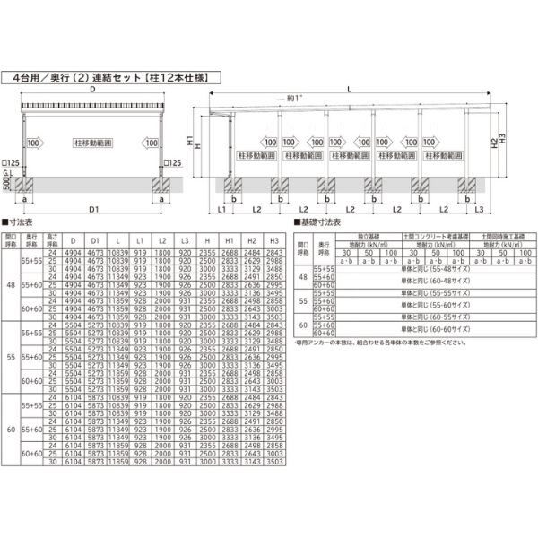 全国配送 YKK YKKAP ジーポート Pro 3000タイプ カーポート 4台以上用 横材なし 明かり取りなし 奥行(2)連結柱12本 J55･55-55 H25 アルミ色