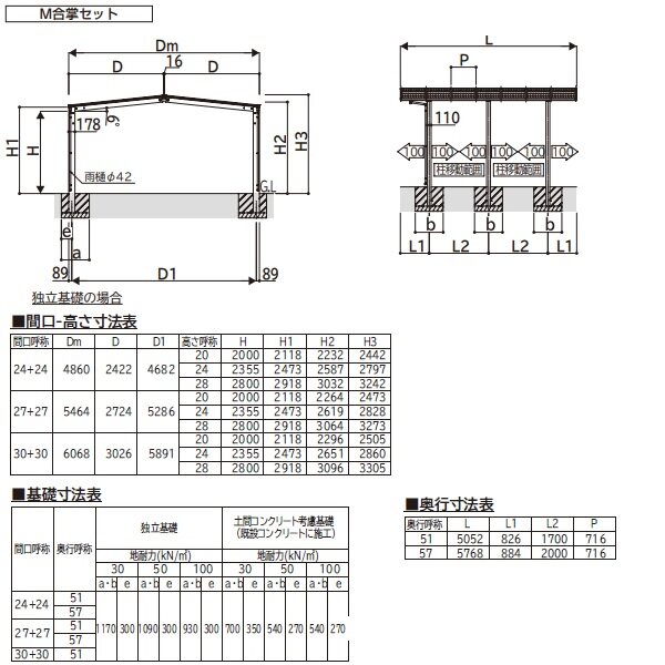 全国配送　YKKAPエフルージュFIRST 1500タイプ 複合カラー M合掌セット M51･27-27L ハイロング柱  屋根/熱線遮断ポリカーボネート板 奥行:5052mm×幅:5464mm 有効高:2800mm　柱6本　2台用